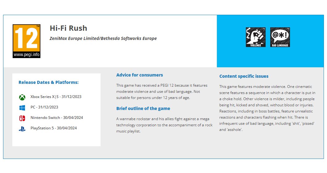 PEGI Rates Nintendo SwitchVersion of Hi-Fi Rush to 12+