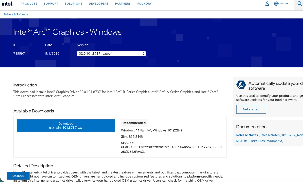 Intel Arc graphics driver page for Pragmata crash fix
