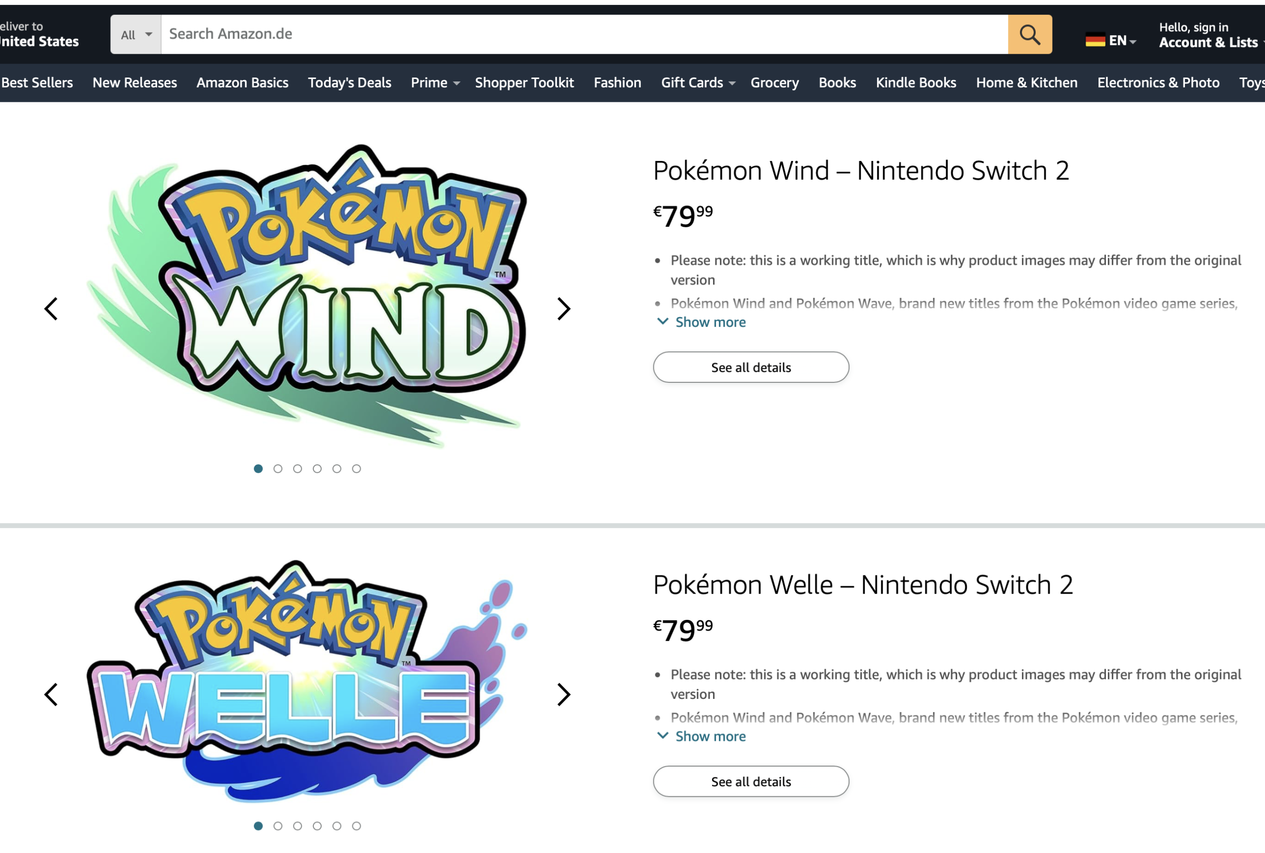 Amazon Germany Lists Pokémon Wind and Pokémon Welle at €79.99 Ahead of 2027 Switch 2 Release